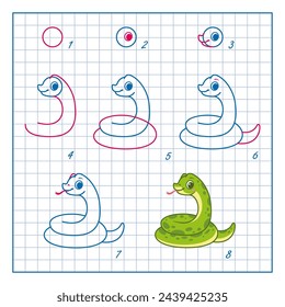 How to Draw Snake, Step by Step Lesson for Kids cartoon vector illustration