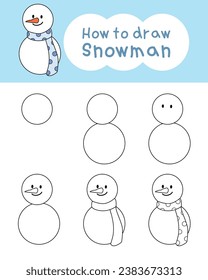 How to draw snowman cartoon step by step for learning, kid, coloring book. Vector illustration