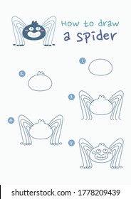 How to draw a spider vector illustration. Draw a spider step by step. Spider drawing guide. Cute and easy drawing guidebook.