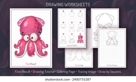 Cómo dibujar un calamar. Tutorial de dibujo paso a paso. Dibujar guía. Instrucción simple. Colorante de página. Hojas de trabajo para niños y adultos. Vector eps 10.