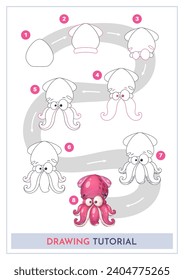 How to Draw a Squid. Step by Step Drawing Tutorial. Draw Guide. Simple Instruction for Kids and Adults. Vector eps 10.
