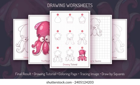 How to Draw a Squid. Step by Step Drawing Tutorial. Draw Guide. Simple Instruction. Coloring Page. Worksheets for Kids and Adults. Vector eps 10.