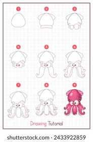 How to Draw a Squid. Step by Step Drawing Tutorial. Draw Guide. Simple Instruction for Kids and Adults. Vector eps 10
