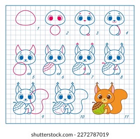 How to Draw Squirrel, Step by Step Lesson for Kids cartoon vector illustration