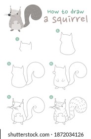 How to draw a squirrel vector illustration. Draw a squirrel step by step. Squirrel drawing guide. Cute and easy drawing guidebook.