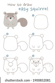 How to draw a squirrel vector illustration. Draw fat squirrel step by step. Squirrel drawing guide. Cute and easy drawing guidebook.