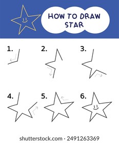 How to draw star step by step for learning, kid, education and coloring book. Vector illustration