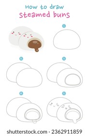 How to draw steamed buns vector illustration. Draw salapao step by step. Cute and easy drawing guide.