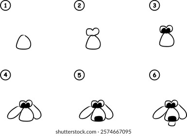 How to draw step by step cartoon dog. Lesson pencil drawing. Learning to draw sketch, online school. Vector print hand drawing for kids illustration 