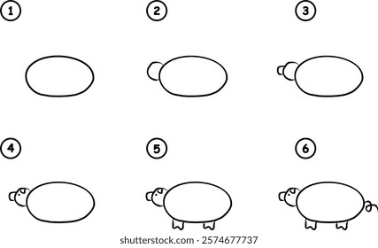 How to draw step by step cartoon pig. Lesson pencil drawing. Learning to draw sketch, online school. Vector print hand drawing for kids illustration 