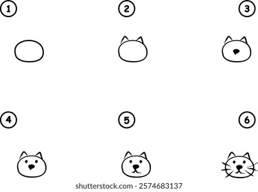 How to draw step by step cat. Lesson pencil drawing. Learning to draw sketch, online school. Vector print hand drawing for kids illustration 