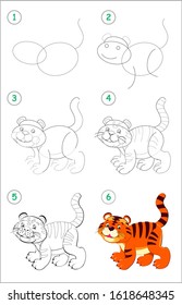 How to draw step by step a cute little toy tiger. Educational page for kids. Back to school. Developing children skills for drawing and coloring. Worksheet for baby book. Vector cartoon image.