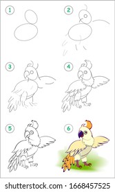 How to draw step by step cute little parrot. Educational page for kids. Back to school. Developing children skills for drawing and coloring. Printable worksheet for baby book. Vector cartoon image.