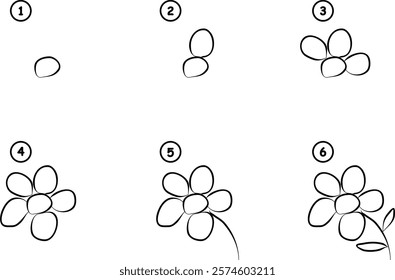 How to draw step by step flower, Lesson pencil drawing. Learning to draw sketch, online school. Vector print hand drawing for kids illustration 