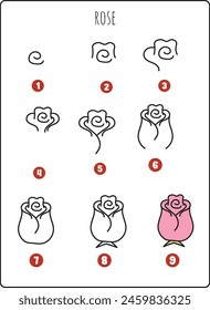 How to draw step by step Rose floral line art for kids drawing activity daisy simple easy level flower plants step-wise worksheet