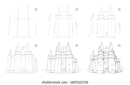 How to draw step by step sketch of imaginary medieval knight castle. Creation pencil drawing. Educational page for artists. Hand-drawn vector on computer by graphic tablet.