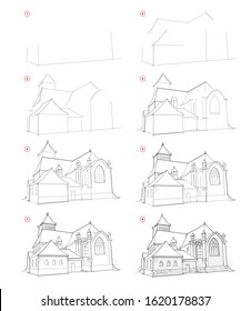 How to draw step by step sketch of imaginary medieval architectural building. Creation pencil drawing. Educational page for artists. Textbook for artistic skills. Hand-drawn vector by graphic tablet.