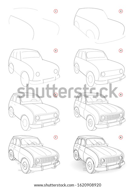 How to draw\
step by step sketch of imaginary cute little car. Creation pencil\
drawing. Educational page for artists. Textbook for artistic\
skills. Hand-drawn vector by graphic\
tablet.