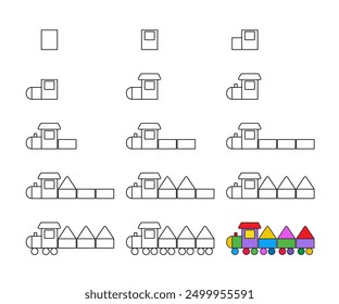 How to draw step by step? Worksheet easy guide to drawing cartoon train. Developing kids skills for drawing and coloring. 