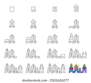 ¿Cómo dibujar paso a paso? Hoja de trabajo guía fácil para dibujar el palacio de dibujos animados. Desarrollar habilidades para dibujar y colorear. 
