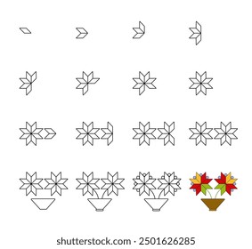 How to draw step by step? Worksheet easy guide to drawing cartoon flowers. Developing kids skills for drawing and coloring. 