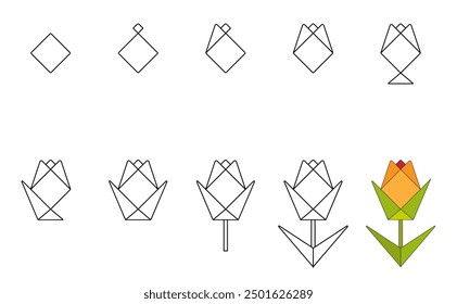 How to draw step by step? Worksheet easy guide to drawing cartoon flower yellow rose. Developing kids skills for drawing and coloring. 