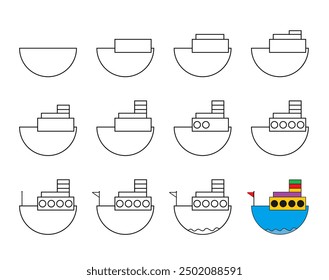 How to draw step by step? Worksheet easy guide to drawing cartoon ship. Developing kids skills for drawing and coloring. 