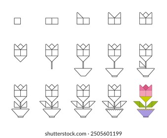 ¿Cómo dibujar paso a paso? Hoja de trabajo guía fácil para dibujar la rosa de la flor de la historieta. Desarrollar habilidades para dibujar y colorear. 