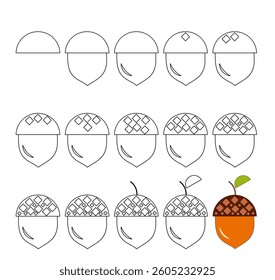 How to draw step by step? Worksheet easy guide to drawing cartoon acorn. 