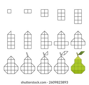 How to draw step by step? Worksheet easy guide to drawing cartoon pear. Developing kids skills for drawing and coloring.