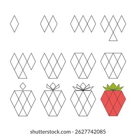 How to draw step by step? Worksheet easy guide to drawing cartoon strawberry. Developing kids skills for drawing and coloring. Vector illustration. 