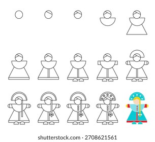 Como desenhar passo a passo? Guia fácil de planilha para desenhar boneca de desenho animado. Ilustração vetorial. 