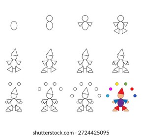 How to draw step by step? Worksheet easy guide to drawing cartoon juggler. Developing kids skills for drawing and coloring. Vector illustration. 