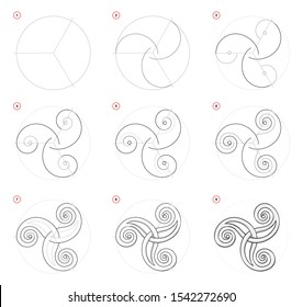 How to draw step-wise Celtic popular symbol Triskel. Creation step by step pencil drawing. Educational page for artists. School textbook for developing artistic skills. Hand-drawn vector image.