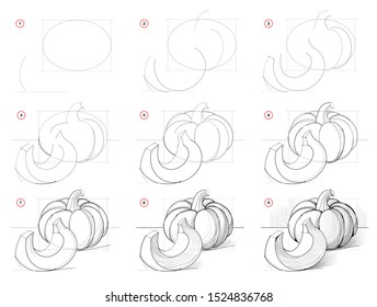 How to draw step  wise picture still life and pumpkin  Creation step by step pencil drawing  Educational page  School textbook for developing artistic skills  Hand  drawn vector image 