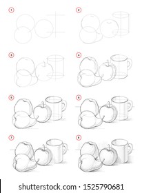 How to draw step  wise picture still life and apples   pear  Creation step by step pencil drawing  Educational page  School textbook for developing artistic skills  Hand  drawn vector image 