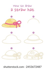 How to draw a straw hat vector illustration. Draw a straw hat step by step. Cute and easy drawing guide.