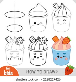 How to draw Strawberry cupcake with a cute face for children. Step by step drawing tutorial. A simple guide to learning to draw