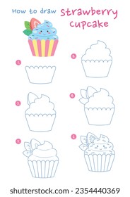 How to draw strawberry cupcake vector illustration. Draw strawberry cupcake step by step. Cute and easy drawing guide.