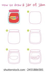 How to draw strawberry jam vector illustration. Draw a jar of jam step by step. Cute and easy drawing guide.