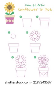 How to draw sunflower in pot vector illustration. Draw sunflower in pot step by step. Cute and easy drawing guide.