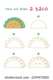 How to draw a taco vector illustration. Draw a taco traditional Mexican food  step by step. Cute and easy drawing guide.