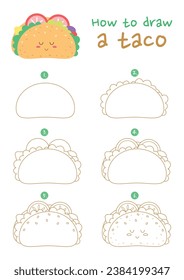 How to draw a taco vector illustration. Draw taco Mexican food step by step. Cute and easy drawing guide.