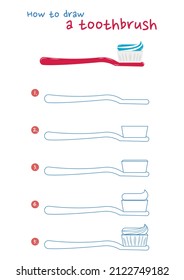 How to draw a toothbrush vector illustration. Draw a toothbrush step by step. Cute and easy drawing guide.