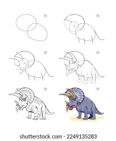 How to draw triceratops. Educational page for children. Creation step by step prehistoric animal illustration. Printable worksheet for kids school exercise book. Online education. Vector drawing.