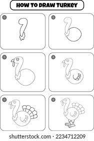 How to Draw Turkey Step by step drawing page for kids