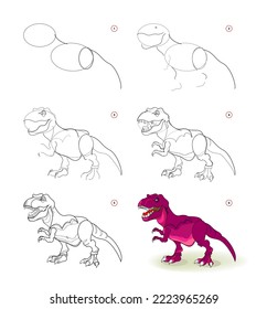 How to draw tyrannosaurus. Educational page for children. Creation step by step prehistoric animal illustration. Printable worksheet for kids school exercise book. Online education. Vector drawing.