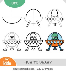 How to draw UFO. Educational step by step drawing tutorial for children. A simple guide to learning to draw