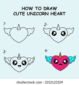 How to draw a Unicorn Heart. Good for drawing child kid illustration. Vector illustration	
