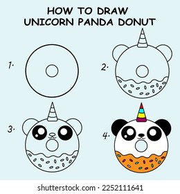 Cómo dibujar a la Unicornio Panda Donut. Es bueno para dibujar una ilustración infantil. Ilustración del vector	
